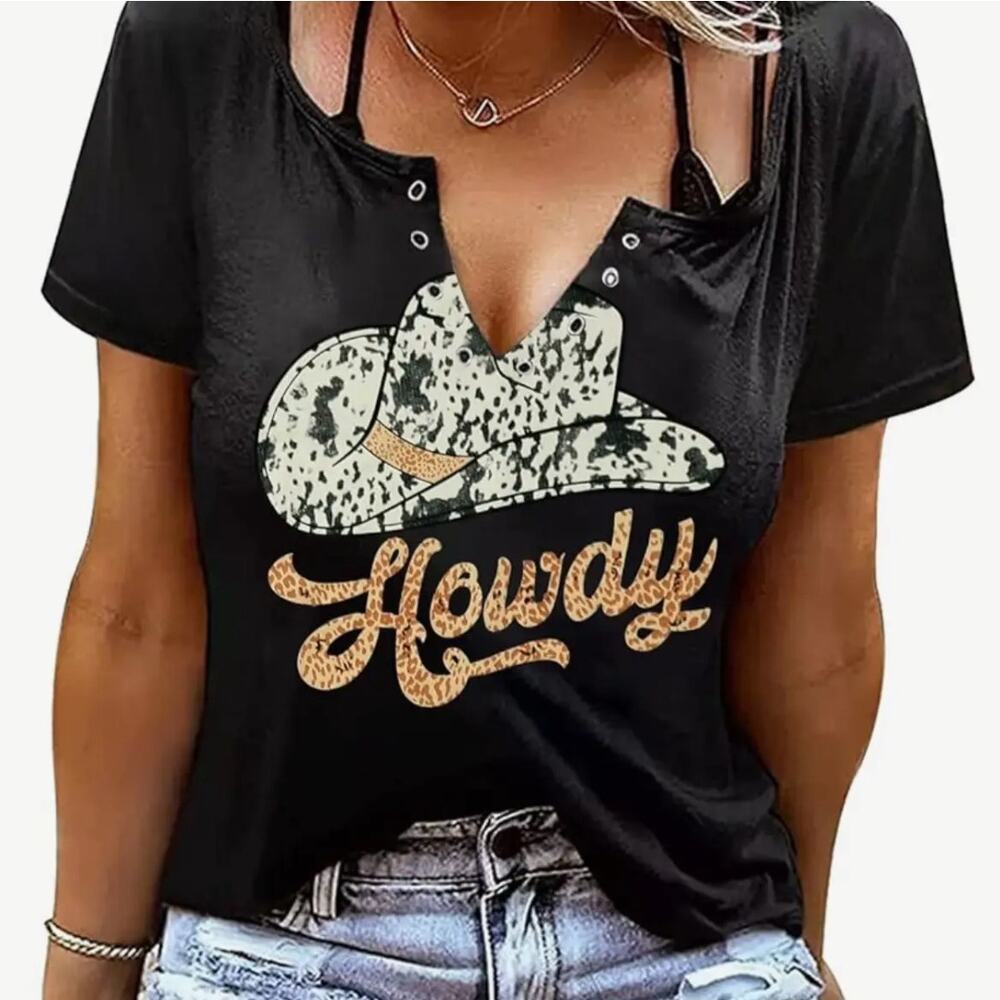 Women's V-Neck tshirt Howdy black cheetah Print sexy plus size‎ 3XL